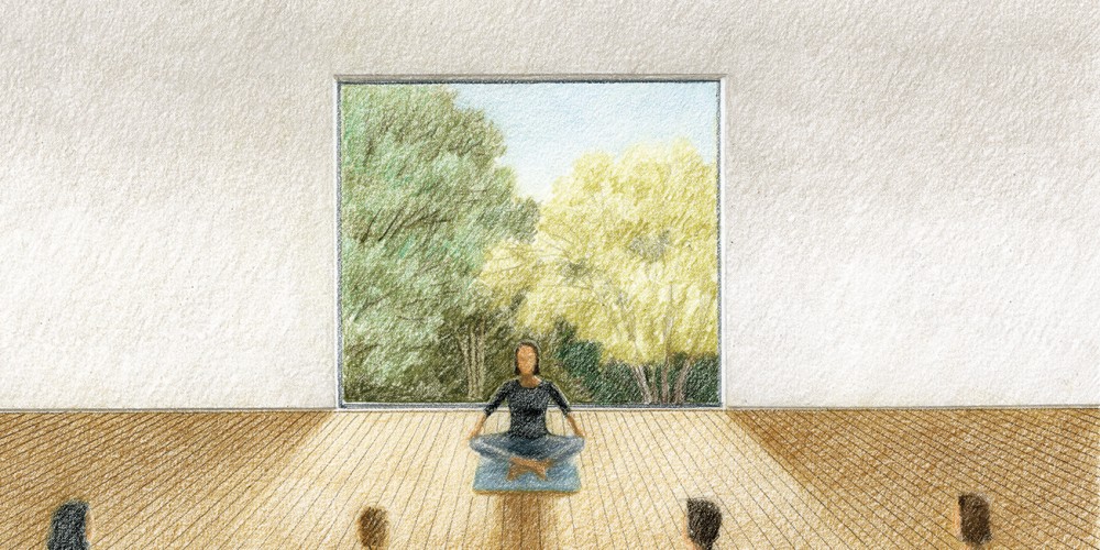 Perspectiva ilustrada da sala de yoga